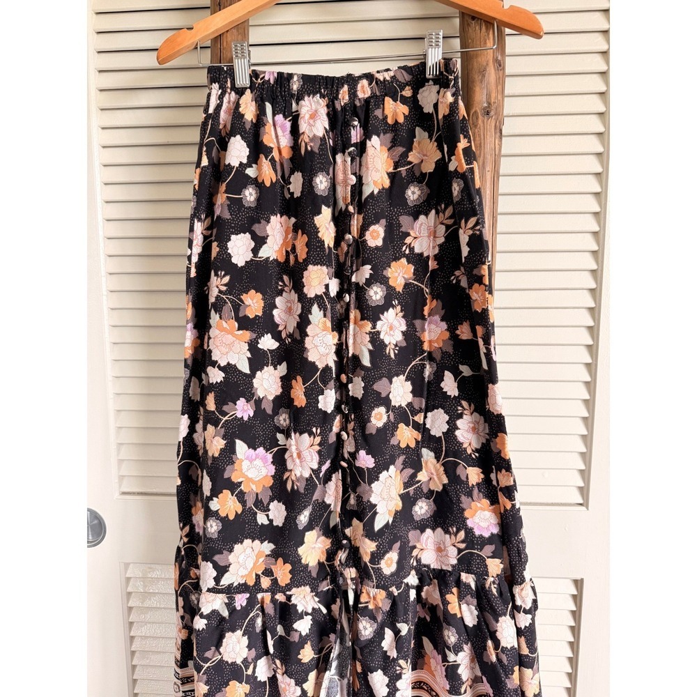 Rip Curl Maxi Skirt Womens Size S Black Floral Boho Button Front - Picture 4 of 6